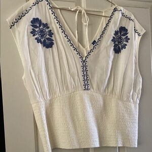 Old Navy White and Blue Smocked embroidered Blouse